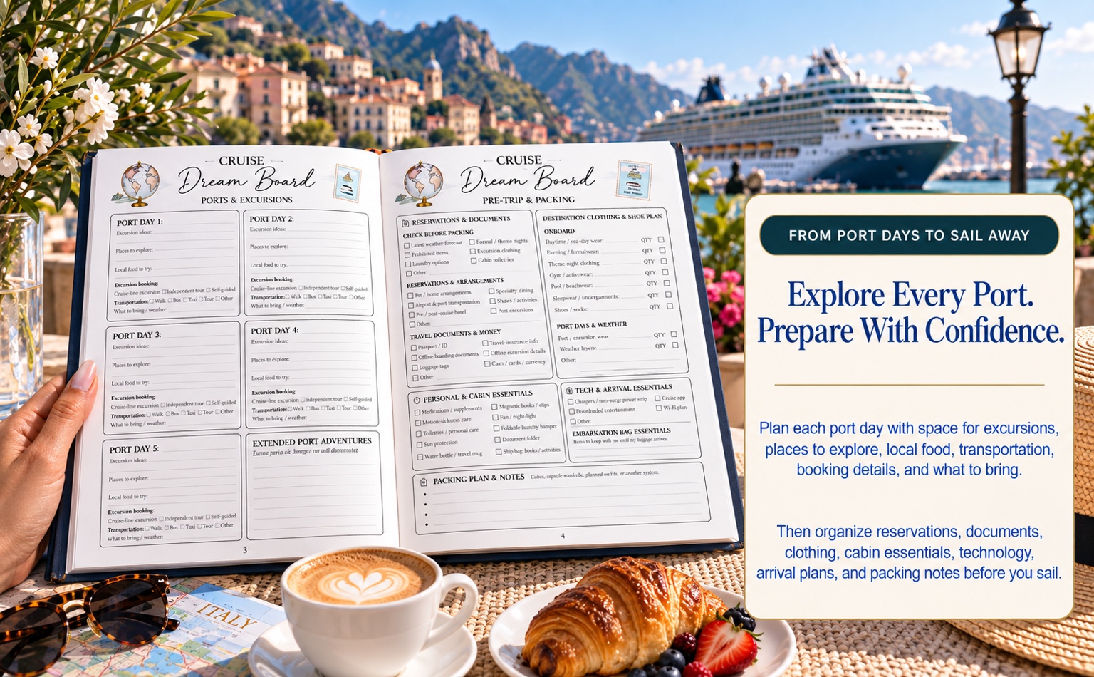 Ports, excursions, pre-trip, and packing pages